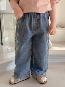 DAZY Toddler Girls' Korean Style Loose Washed Denim With Five-Pointed Star Embroidery - Blue - View 5