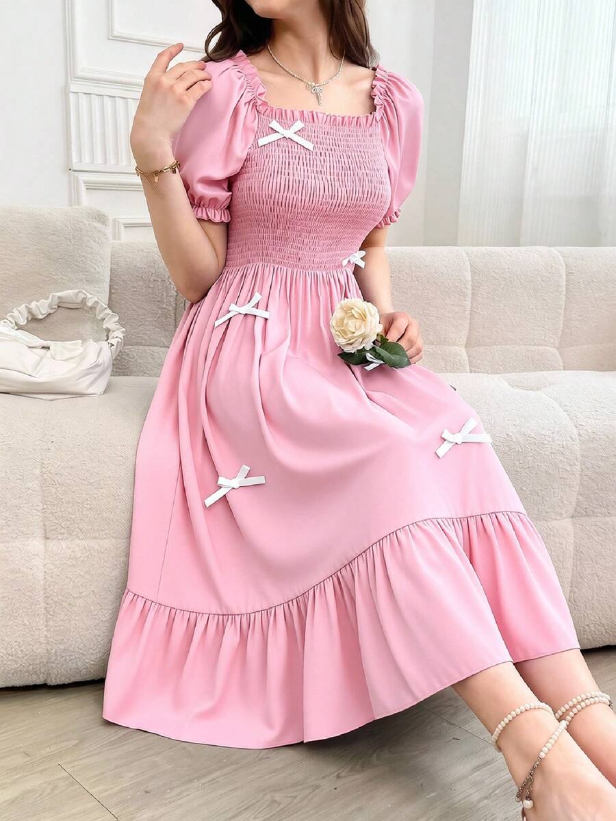 SHEIN 少女纯色泡泡袖蝴蝶结休闲夏日连衣裙 - 粉色 - 查看 1