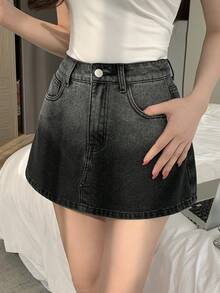 Women's Ombre Slant Pocket Casual Versatile Denim Skirt Pants - Black - View 6