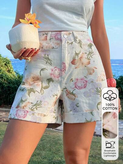 Livesso 女士高腰印花休闲牛仔短裤