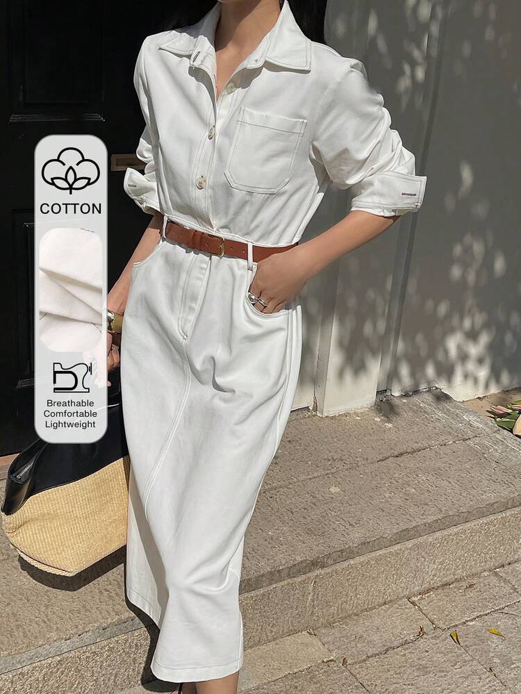 Spring Women's Casual White Pocket Lapel Belted Mid-Length Dress Sundress