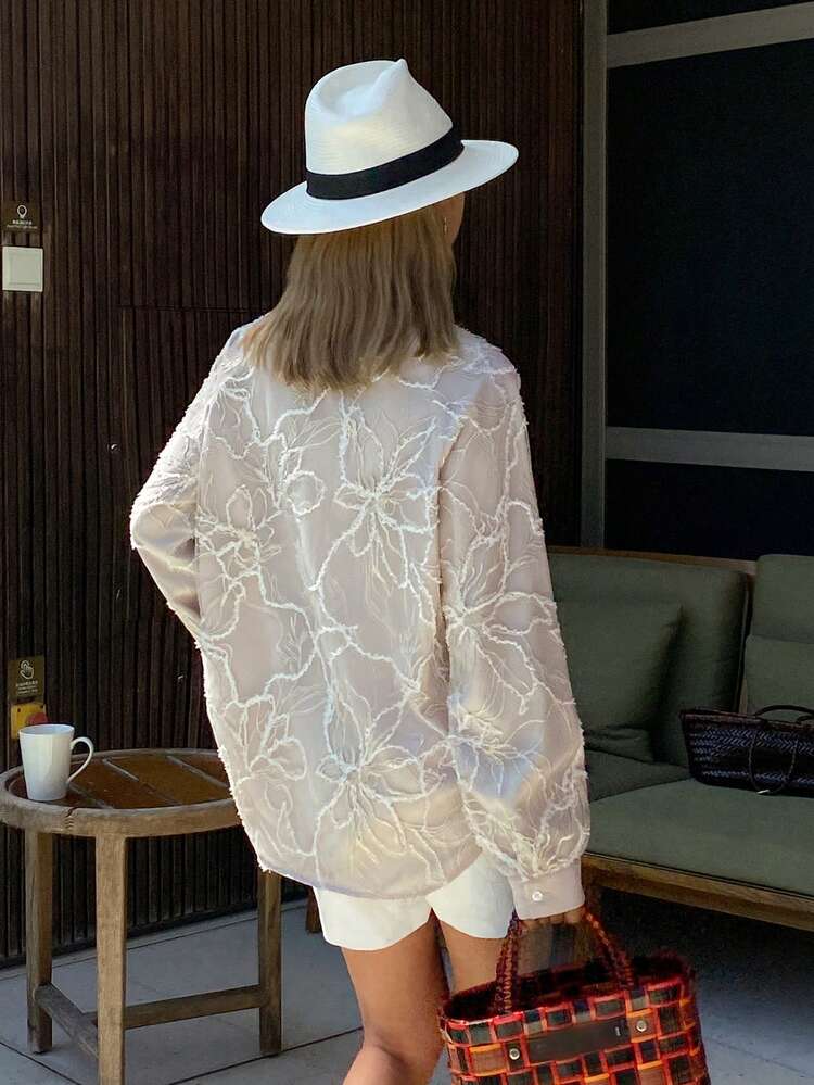 Women's Textured Fabric Loose V-Neck Long Sleeve Elegant Formal Blouse, Spring/Summer