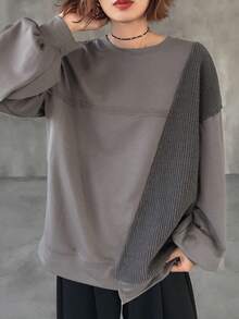 FRIFUL Damen lässiges, locker geschnittenes T-Shirt mit Rundhalsausschnitt , Drop-Shoulder, langärmlig, vielseitig einsetzbar - Grau - Übersicht 6