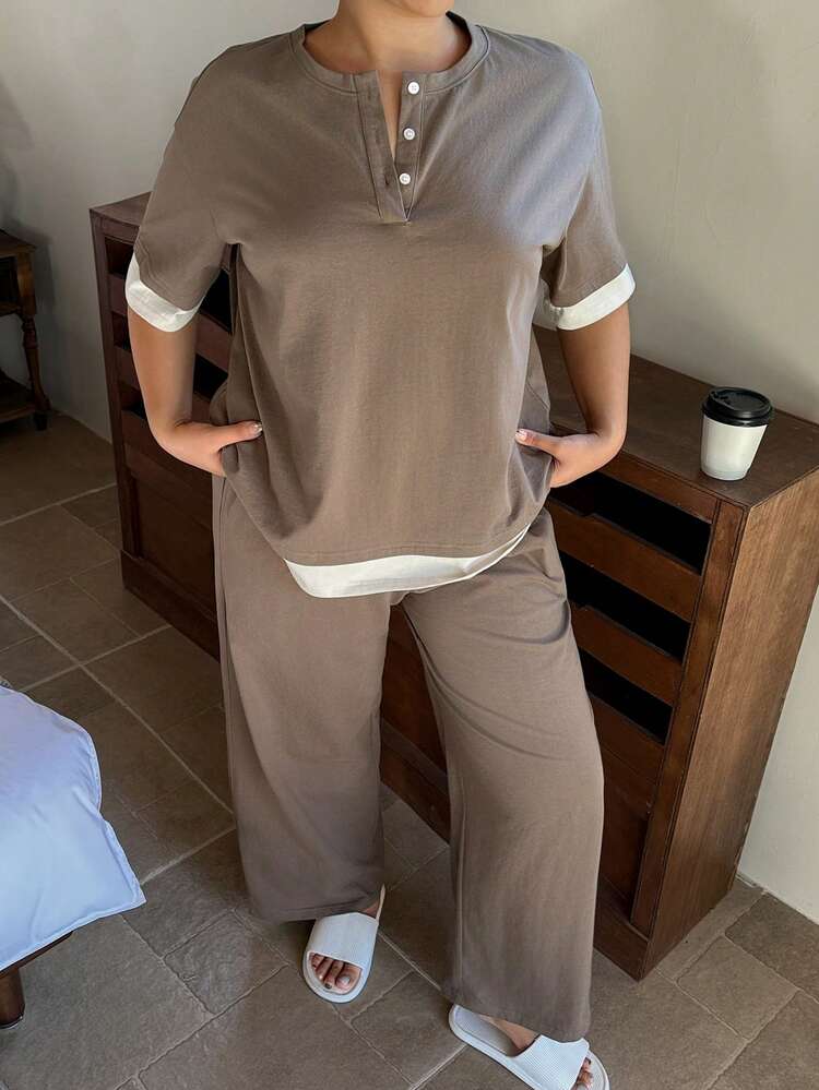 Dazy Plus 2pcs Fashionable Pajama Set, Contrast Color Block Half-Open Collar Short Sleeve Top And Solid Color Long Pants, Spring/Summer Sleepwear