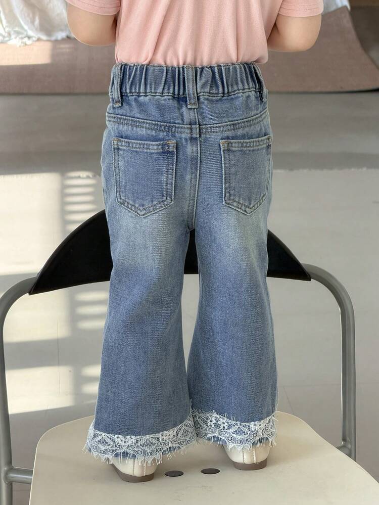 Baby Girl Washed Korean Style Lace Patchwork Flared Embroidered Fresh Denim