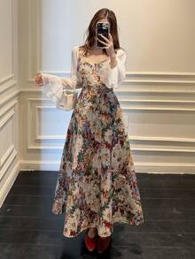 DAZY 女士花卉印花优雅中长款派对连衣裙 - 米色 - 查看 6