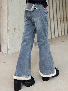 FRIFUL Jeans acampanados de mujer con lavado y deshilachado casual - Azul - Ver 2