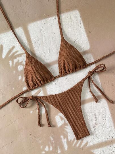 Swim Vcay Women's Solid Color Jacquard Fabric Halter Tie-Up Sexy Thong Bikini Set, Suitable For Beach Vacation