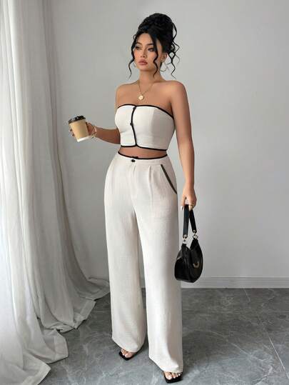 SHEIN PETITE CURVE Plus Size Women Casual Tube Top And Wide Leg Pants Set, Suitable For Daily Wear
