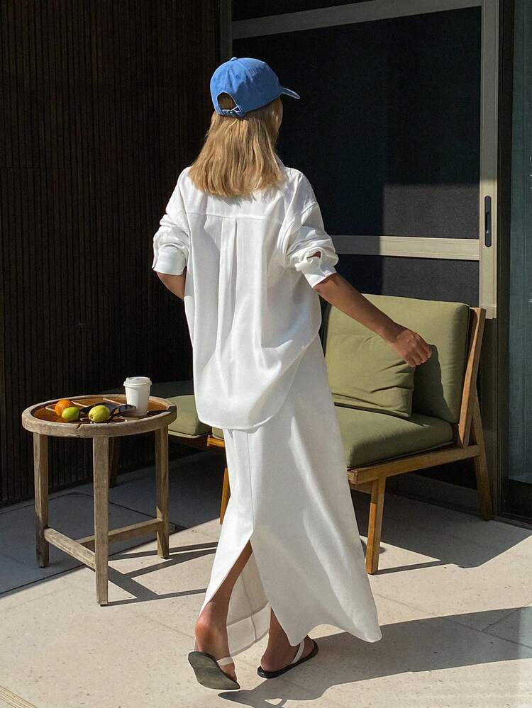 Embroidered Pattern Loose Turndown Collar Long Sleeve Shirt & A-Line Long Skirt Elegant Resort Wear 2-Piece Set For Women, Spring/Autumn Lounge Sets For Women