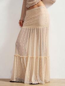 Bohemela 休闲纯色针织蕾丝荷叶边下摆女裙 - 杏色 - 查看 7