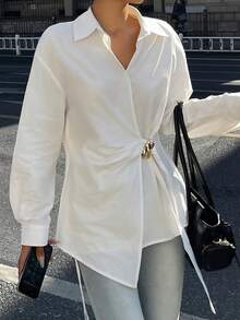 DAZY Áo kiểu nữ tay dài cổ bẻ xoắn dáng rộng thoải mái - trắng - Xem 6