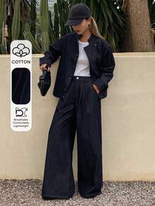 DAZY 女士宽松牛仔外套，立领设计，搭配阔腿裤，休闲优雅牛仔套装 - 深色水洗藍 - 查看 1