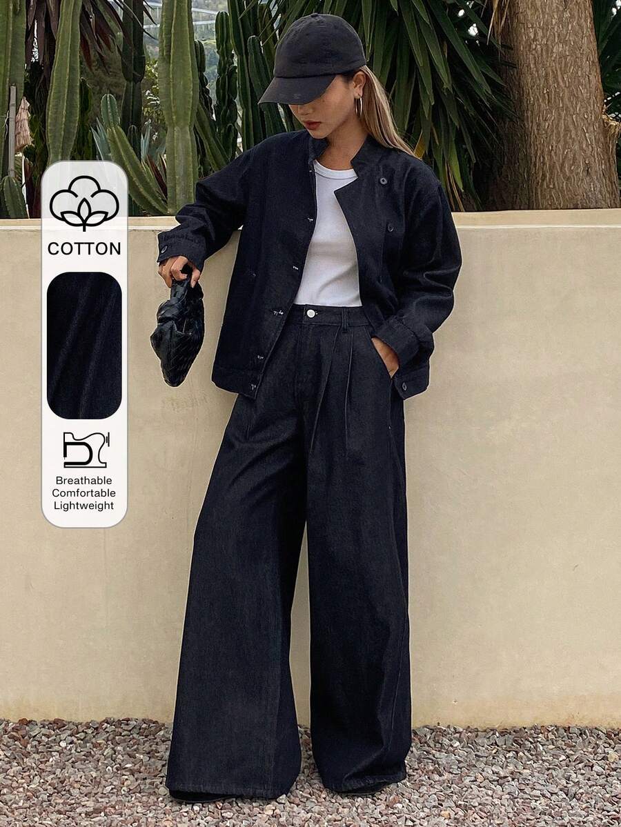 DAZY 女士宽松牛仔外套，立领设计，搭配阔腿裤，休闲优雅牛仔套装 - 深色水洗藍 - 查看 1