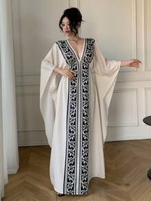 Celisse Women's Elegant Deep V-Neck Floral Print Loose Batwing Sleeve Dress - Multicolor - View 3