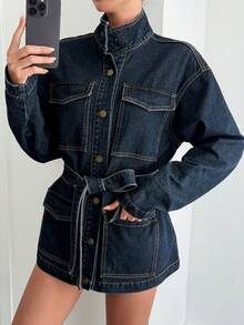 Livesso Women's Cinched Waist High Collar Casual Denim Jacket, Winter - Medium Wash - View 7