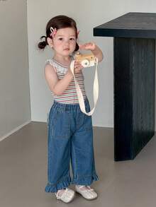 DAZY 女婴休闲日常通勤时尚撞色蕾丝弹力腰荷叶边宽松阔腿牛仔裤幼儿女童服装 - 深色水洗藍 - 查看 9