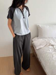 DAZY Casual Contrast Color Raglan Sleeve Loose Women's Pajama Set - Blue - View 1