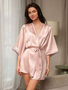 DAZY Satin Patchwork Trim Decorative Short Sleeve Women Robe Pajamas - Pink - View 6