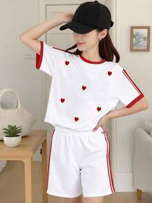 2pcs/Set Teen Girls Casual Heart Print Short Sleeve T-Shirt And Striped Shorts Set, Comfortable And Versatile For Spring, Summer, Autumn - White - View 2