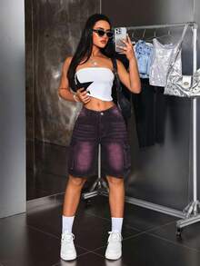 SHEIN PETITE Women's Casual Versatile Commuting Denim Shorts With Pockets And Buttons - Black - View 7