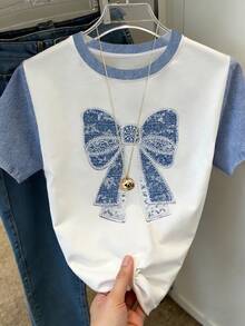 SHEIN 女士复古艺术仿牛仔蝴蝶图案印花圆领短袖休闲上衣，适合户外穿着 - 彩色 - 查看 3