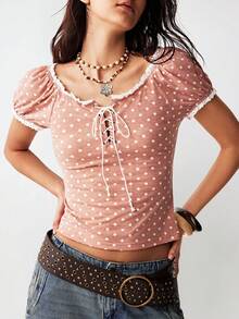 Bohemela Casual Polka Dot Pattern Fitted Women T-Shirt - Dusty Pink - View 4
