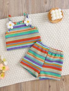 SHEIN Vintaside Kids 2pcs/Set Baby Girls Sleeveless Crop Top & Elastic Waist Shorts Set, Rainbow Striped Embroidered Floral, Casual Outfit For Daily, Beach, Summer - Multicolor - View 1