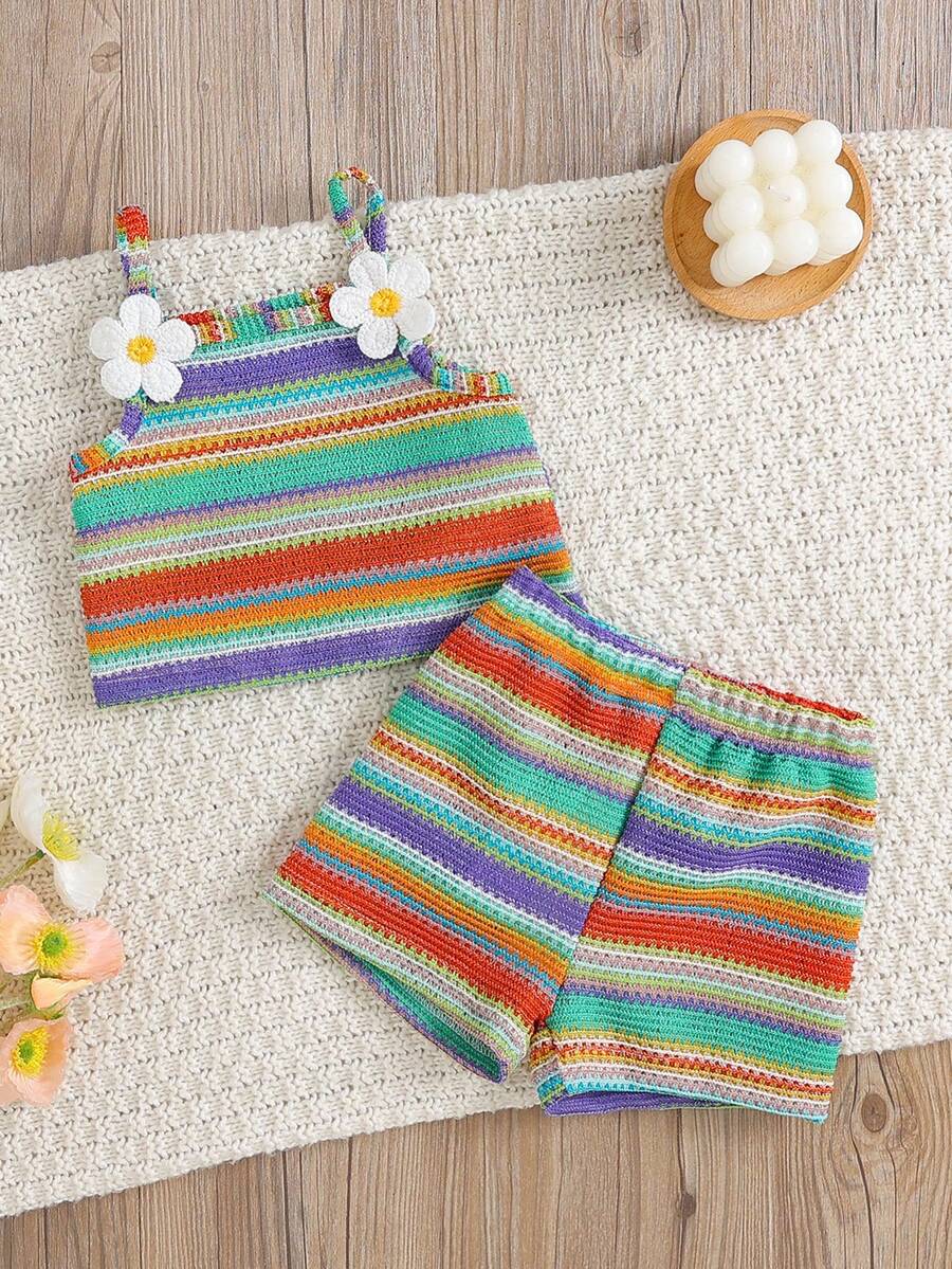SHEIN Vintaside Kids 2pcs/Set Baby Girls Sleeveless Crop Top & Elastic Waist Shorts Set, Rainbow Striped Embroidered Floral, Casual Outfit For Daily, Beach, Summer - Multicolor - View 1