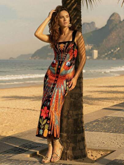 CAJUNI Tropical Vacation Cute Tropical Macaw Mid Knit Dress