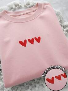 Resyla Women's Casual T-Shirt With Heart Embroidery, Suitable For New Year 2026, Christmas, Valentine's Day, Autumn - Dusty Pink - View 3