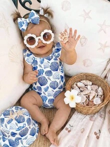 SHEIN Baby Mädchen Muschel Muster Lässig Minimalist Figurbetonter Einteiler Badeanzug, geeignet für Sommer Strand, Urlaub und Fotoshootings - Verschiedenfarbig - Übersicht 4