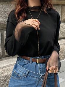 FRIFUL 女士高领网眼拼接宽松叠层街头风长袖T恤 - 黑色 - 查看 5