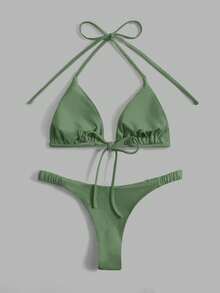 Swim Mod Solid Color Halter Spaghetti Strap Triangle Bikini Swimwear, Summer Holiday Beach Holiday Sage Green - Olive Green - View 3