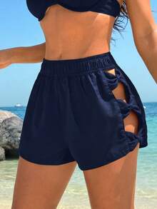 Swim Vcay Shorts de Praia Femininos de Cor Sólida com Cintura Elástica e Laço Decorativo com Recorte - Azul Marinho - Visão 6
