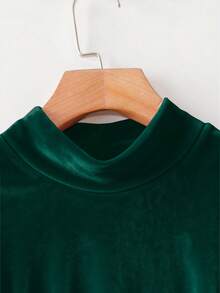 SHEIN Clasi Plus Size Women's Solid Color High Neck Bubble Sleeve Ruched Waist Elegant T-Shirt - Dark Green - View 4
