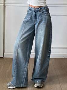 DAZY 女士低腰筒状休闲牛仔裤，都市街头风 Y2K - 中等水洗藍 - 查看 2