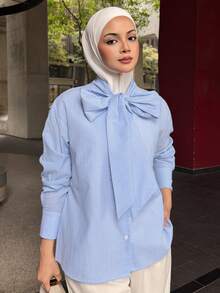 DAZY Women's Elegant Striped Tie Neck Blouse, Spring/Summer - Blue - View 5