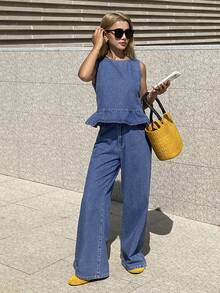 Livesso 女士休闲荷叶边无袖上衣和牛仔裤套装 - 中等水洗藍 - 查看 3