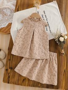 Young Girl Mandarin Collar Jacquard Sleeveless Shirt Top And Mini Skirt Vacation Outfit Set - Brown - View 2