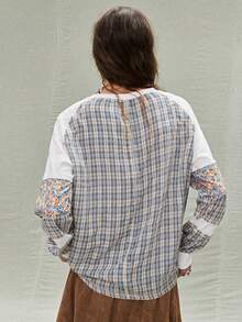 SoleilVie 女士休闲拼接格子复古圆领插肩袖卫衣，秋季款 - 彩色 - 查看 2