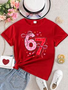 SHEIN GraphicGems Spring & Summer Tween Girl Casual Fashionable Creative Personalized Fresh Chic Minimalist Heart Floral Numeric 67 Heart Star Bow Graphic Letter Slogan Print Relaxed Basic Short T-Shirt, Comfortable Daily Wear, Cozy Summer & Fall Styles Suitable For Spring, Summer, Autumn - Red - View 3