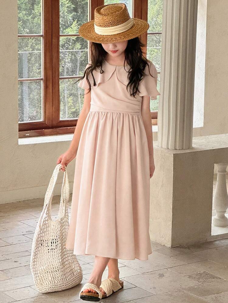 Tween Girls' Casual Vacation Style Solid Color Batwing Sleeve Waist Cinched Partywear Dress, Summer