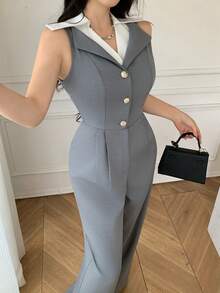 Celisse 女士休闲连体裤，适合办公室、通勤穿着，翻领，无袖，收腰，阔腿设计，适合春、夏、秋季穿着。 - 灰色 - 查看 1