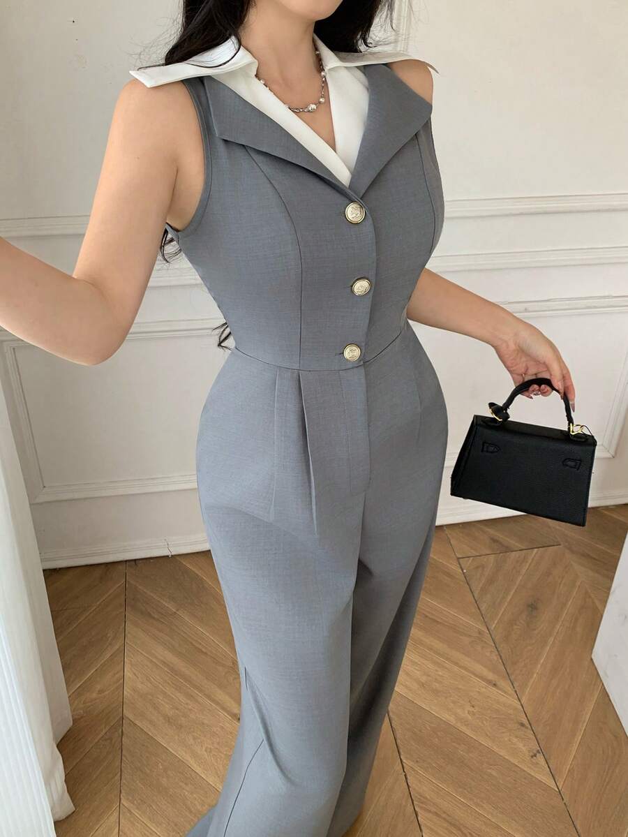 Celisse 女士休闲连体裤，适合办公室、通勤穿着，翻领，无袖，收腰，阔腿设计，适合春、夏、秋季穿着。 - 灰色 - 查看 1