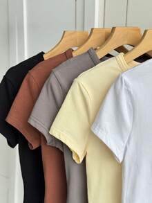 Tseoso 95% 纯棉，5 件/包，基本款纯色修身短袖 T 恤，外出、运动、俱乐部，可全年穿着，可爱上衣，柔软女孩、居家、返校、秋季女装，自然 - 彩色 - 查看 4