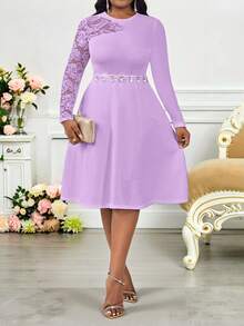 SHEIN Lady Vestido midi elegante de encaje con parches de unicolor morado para mujer de talla grande, vestido de Pascua, vestido de graduación, vestido de invitada de boda, vestido bohemio de vacaciones y crucero para mujer, vestidos formales para mujer en otoño, ropa de mujer de vuelta al colegio, vestido de verano, vestido de primavera, vestidos casuales - Morado - Ver 1