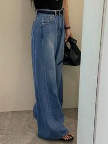 DAZY Vintage Blue High Waist Loose Straight Leg Draped Jeans For Women