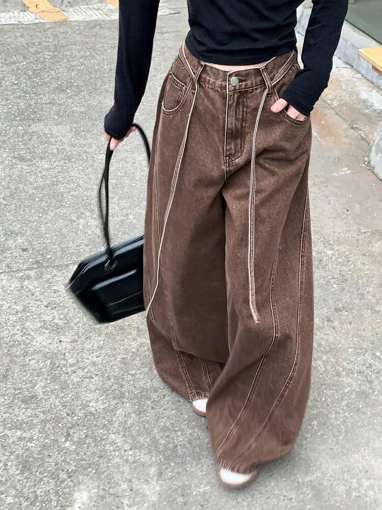 Tall Women's Split Design Casual Waist Belt Decor Long Jeans
