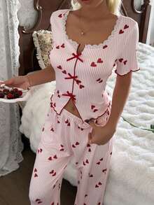 CottageSlumber 2 pièces Ensemble de pyjama court à manches courtes pour femmes avec motif romantique en dentelle, texture tricotée et rayures en forme de cœur - Multicolore - Voir 4